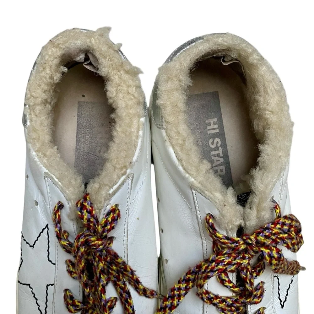 Golden Goose Hi Star Shearling Platform Sneakers White Silver EU 38 US 8